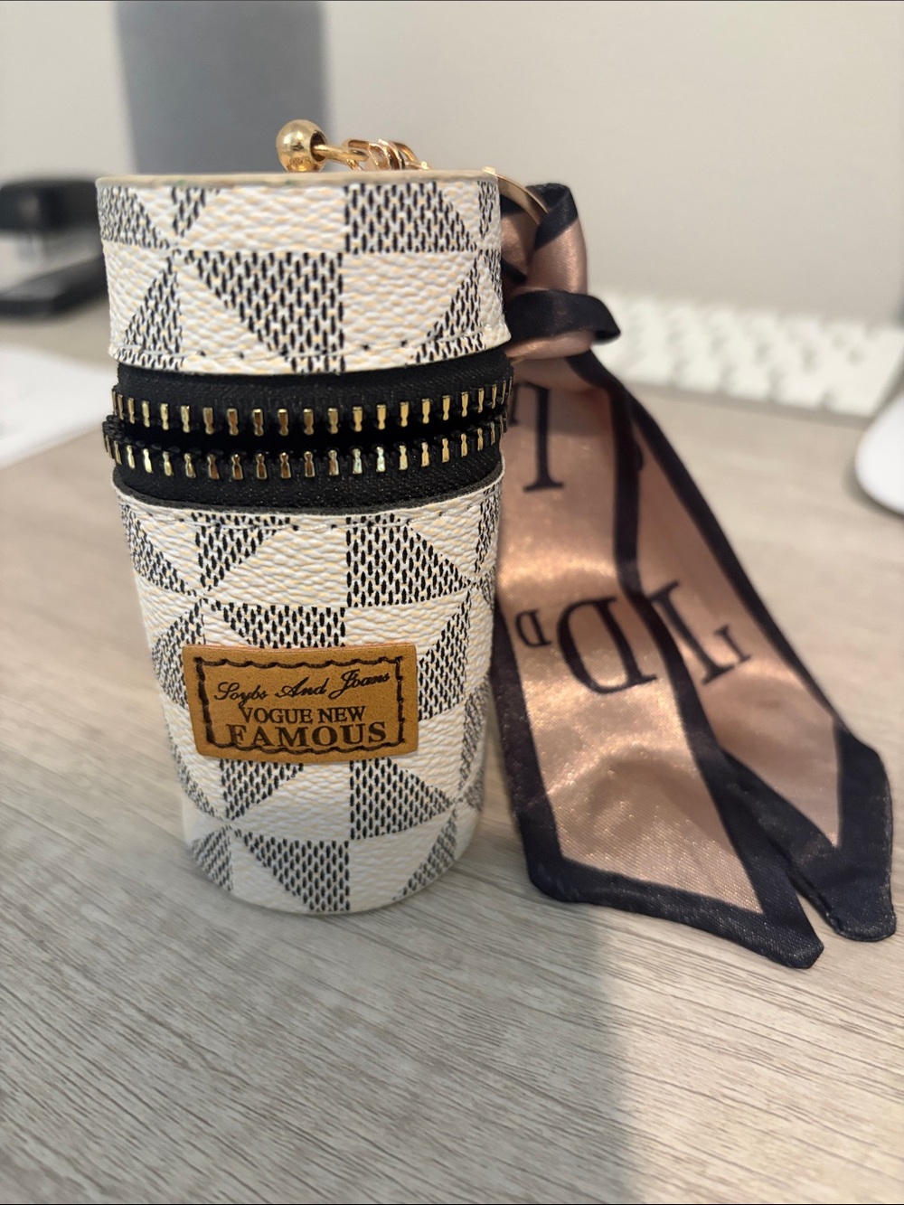 White Patterned Women’s Accessory Case with Scarf Accent key chain
